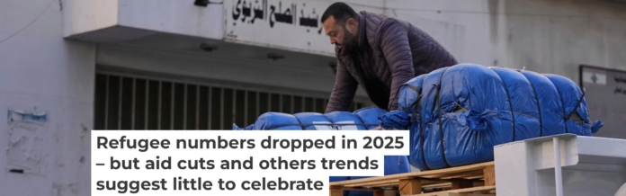 A man unloads humanitarian aid supplied by the U.N. refugee agency UNHCR at a school in Beirut used as a shelter for people displaced by Israeli airstrikes. AP Photo/Hassan Ammar